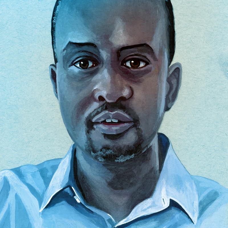Illustration of a man wearing a blue button-down shirt.