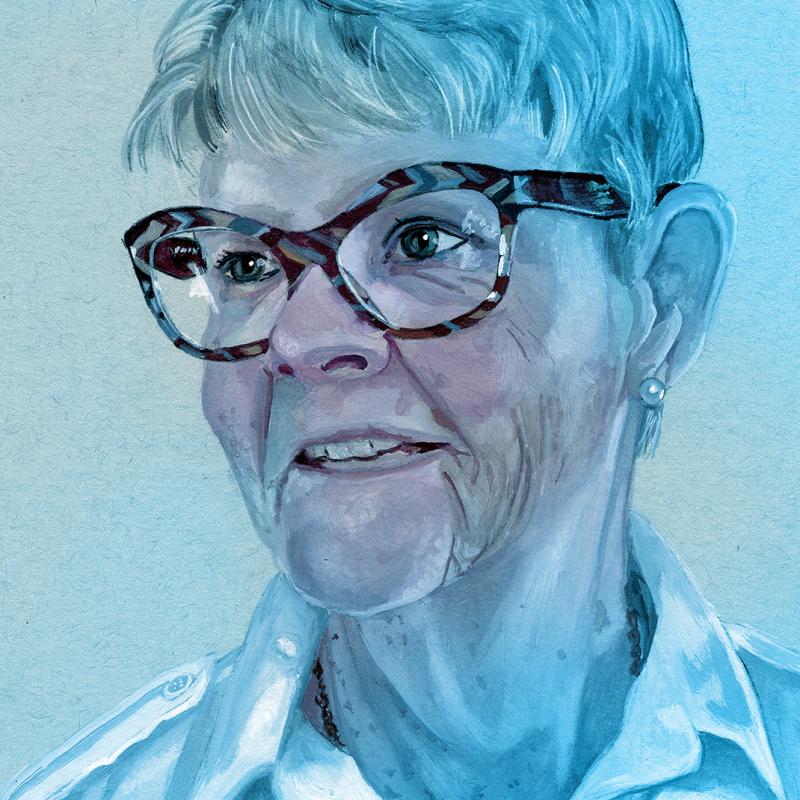 Illustration of a woman wearing tortoise rimmed glasses and wearing a white button-down shirt.