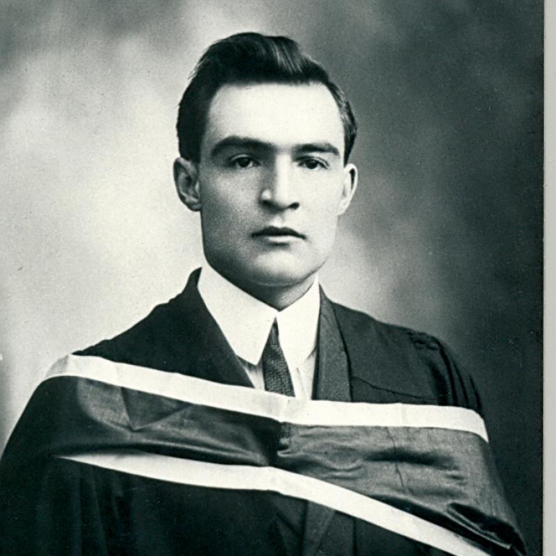 Black and white photo of Robert James Tucker on his graduation day.
