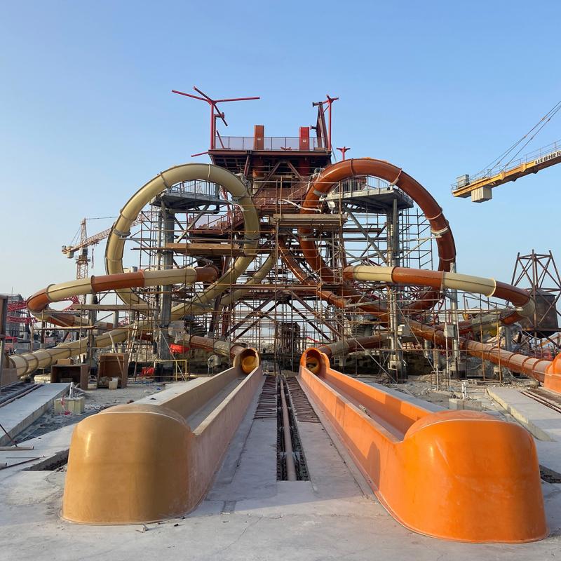 The front view of a waterslide under construction in Qatar