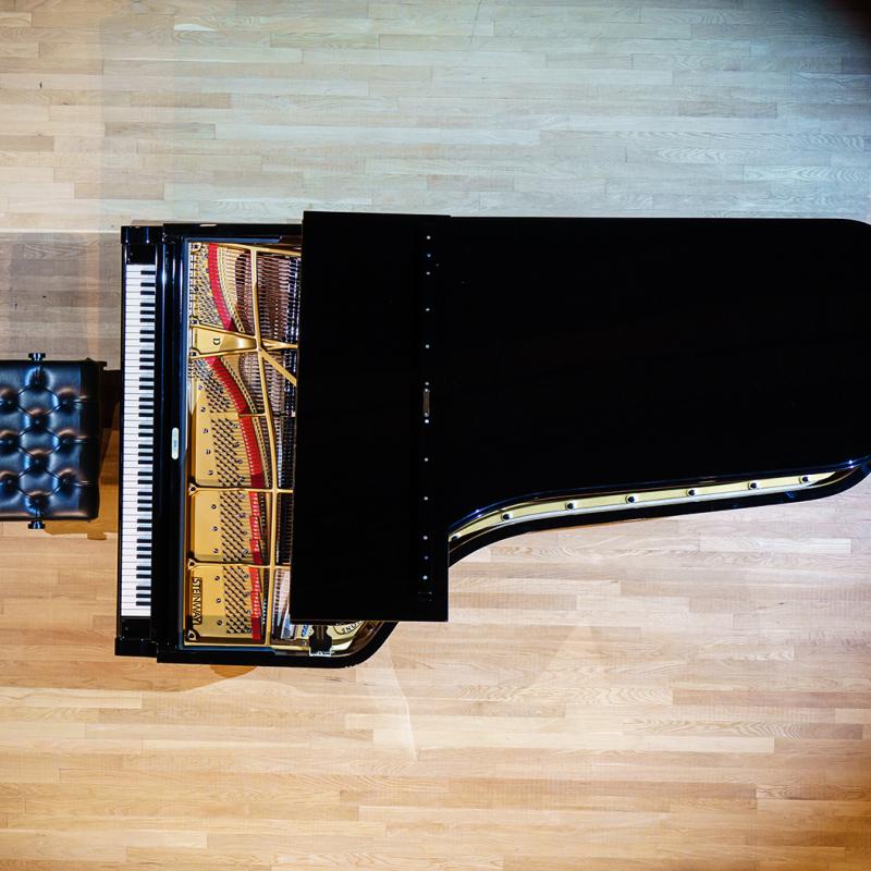 An aerial view of a Steinway piano.