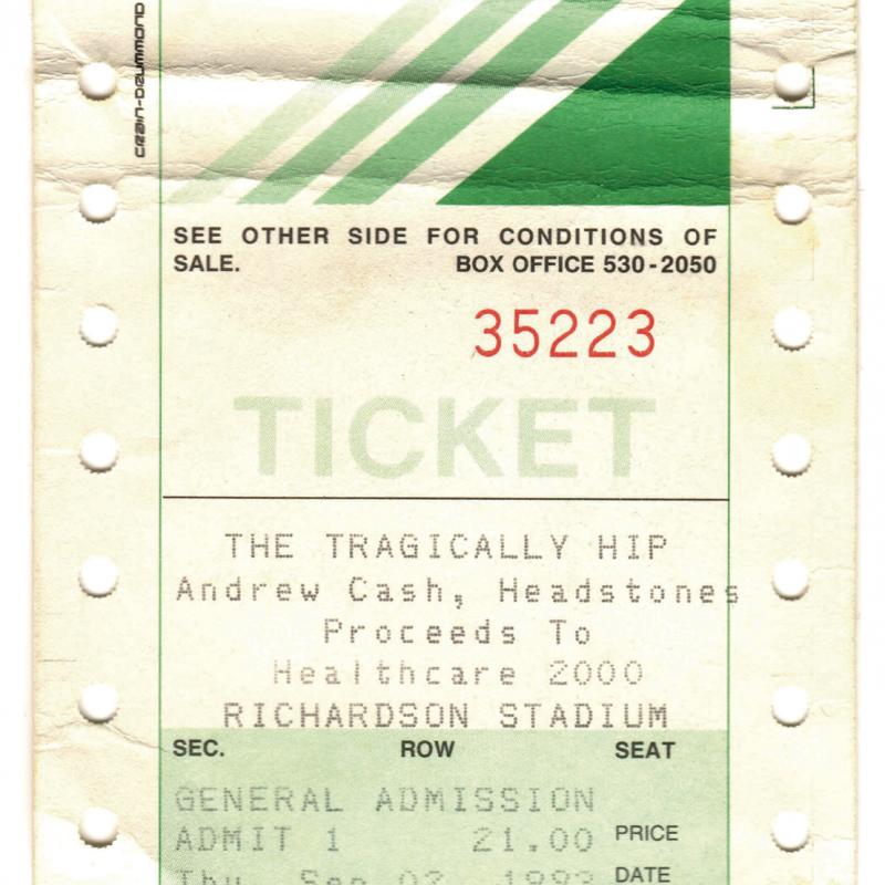 A white and green ticket stub for The Tragically Hip concert at Richardson Stadium, 1993.