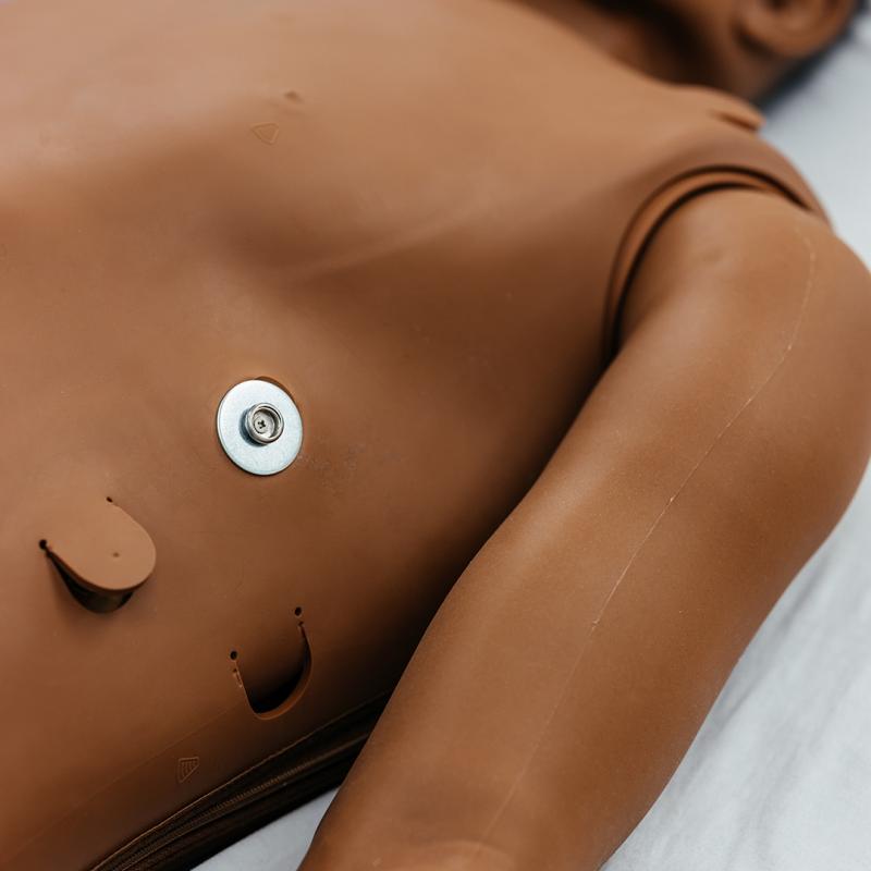 Close-up of the SimMan 3G Plus chest showing where a defibrillator can be attached.