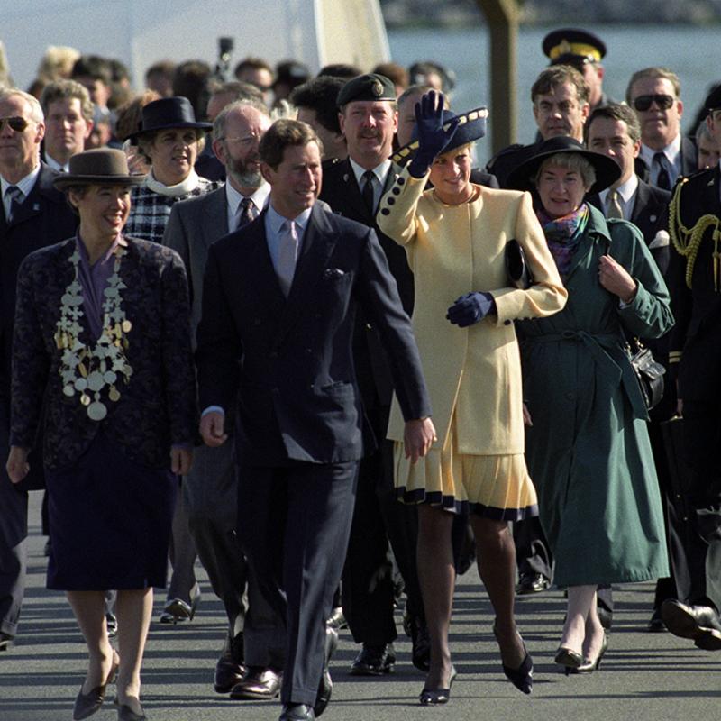 The Prince and Princess of Wales arriving in Kingston and greeting the crowd that waits, October 1991.