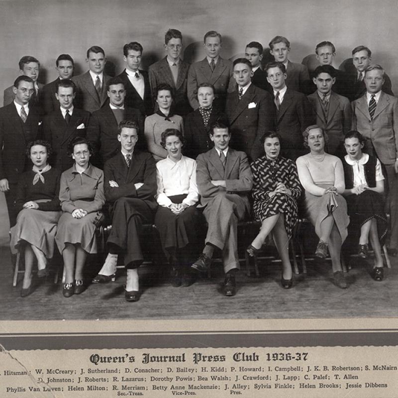 1937 Queen's Journal Press Club portrait. Three rows of men and women pose for the camera.