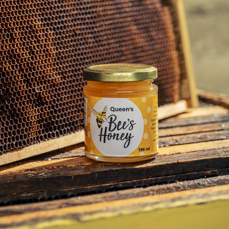 A jar of Queen’s Bee’s Honey sits on a wooden hive box in sunlight, with a honeycomb frame behind it.