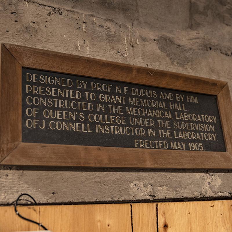 Wood-framed plaque noting the clock’s design and construction in 1905 for Grant Memorial Hall.