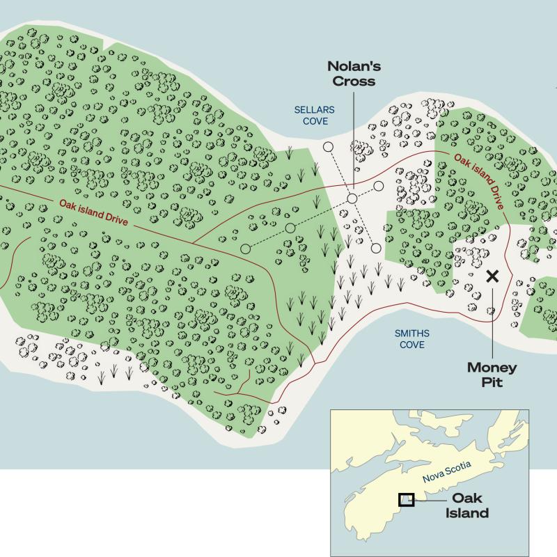 Illustrated map of Oak Island showing the spot of the Money Pit.