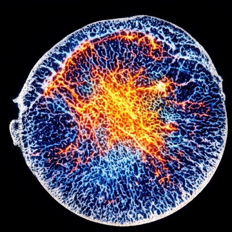 Colourized image of the intricate internal architecture of a femoral head in the hip joint.