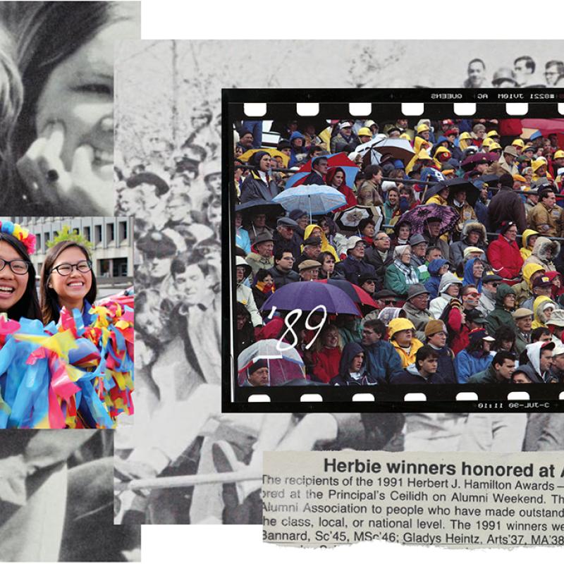 Collage of Queen’s Homecoming memories, featuring archival photographs.