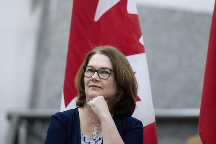 Jane Philpott sitting in front of a Canadian flag with her chin resting on her fist.