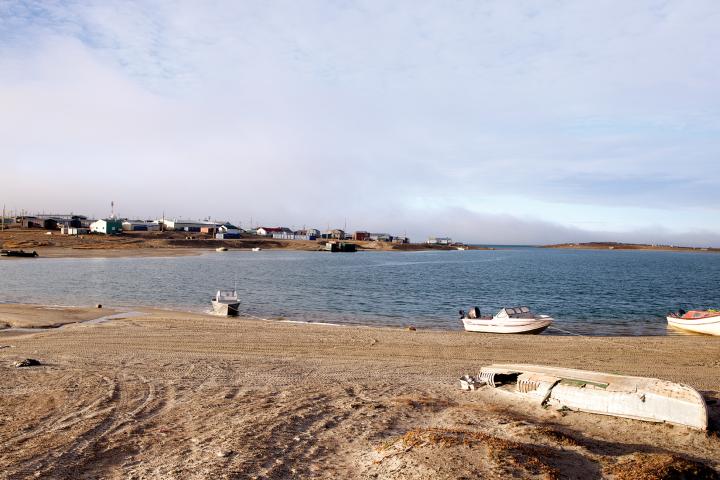 Looking at the hamlet of Gjoa Haven, King William Island, Nunavut, from the shoreline.