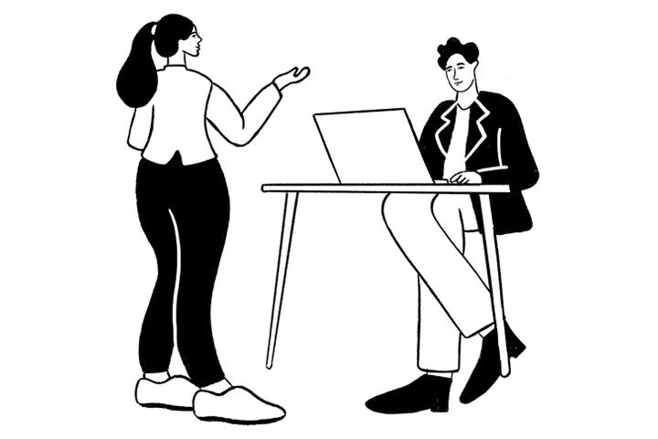 Illustration of a man at a desk looking at a lap top while a woman, standing, speaks to him