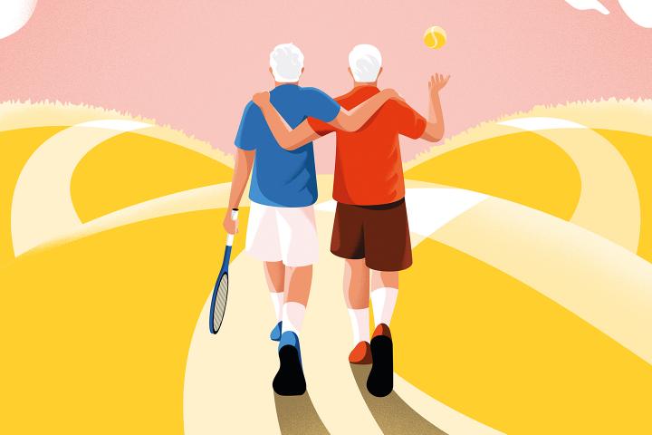 Illustration from behind of two friends walking. One holding a tennis racket and the other tossing a tennis ball in the air.