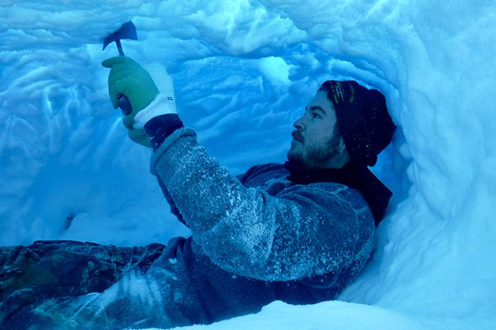 A man lies on his back to collect snow from a maternal polar bear den.