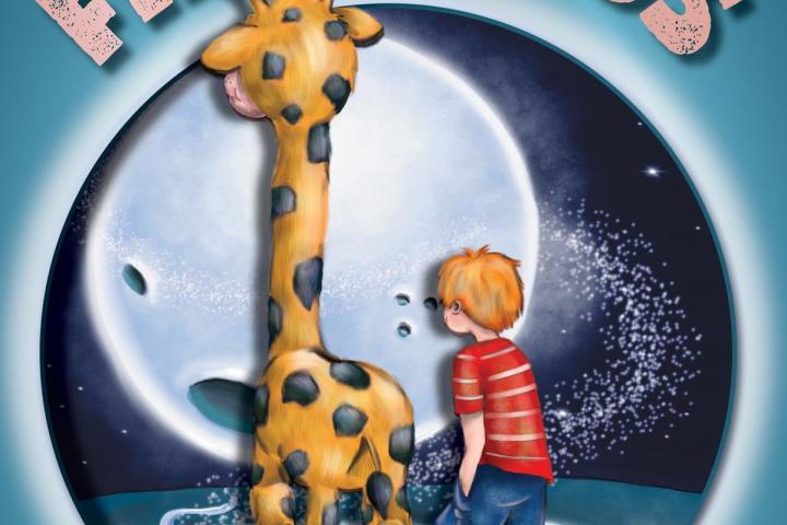 Cartoon giraffe, small elephant, and red-headed boy walking towards the moon.