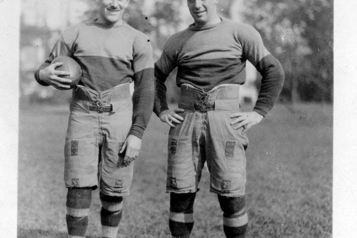 An archival photograph of Frank “Pep” Leadley and Harry Batstone, in their Golden Gaels uniform.