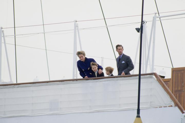 The Prince and Princess of Wales with Prince William and Prince Harry on the deck of the Royal Yacht Britannia, Toronto, Oct. 27. 1991.
