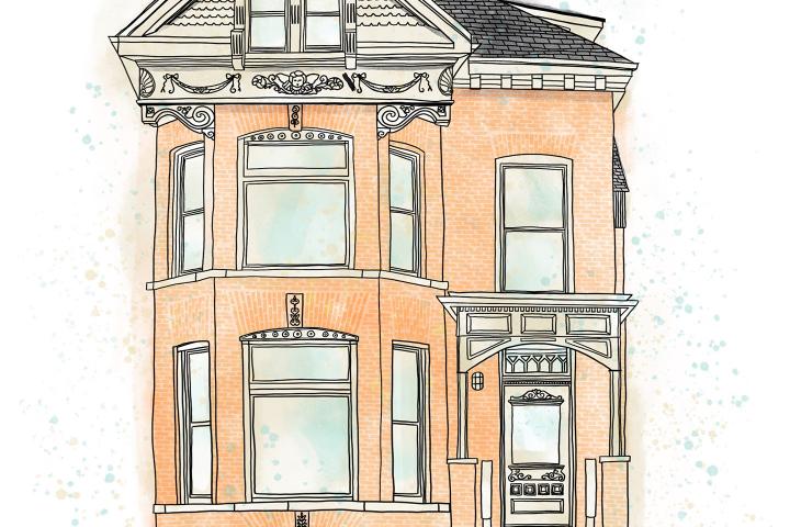 An illustration of a two-story, brick building with victorian plaster decorative embellishments on the top floor.. There is a staircase leading up to covered front porch. 