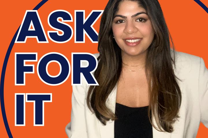 Ami Trivedi smiles confidently in a light blazer against a bold orange background. Large navy and white text beside her reads “ASK FOR IT” in all caps.