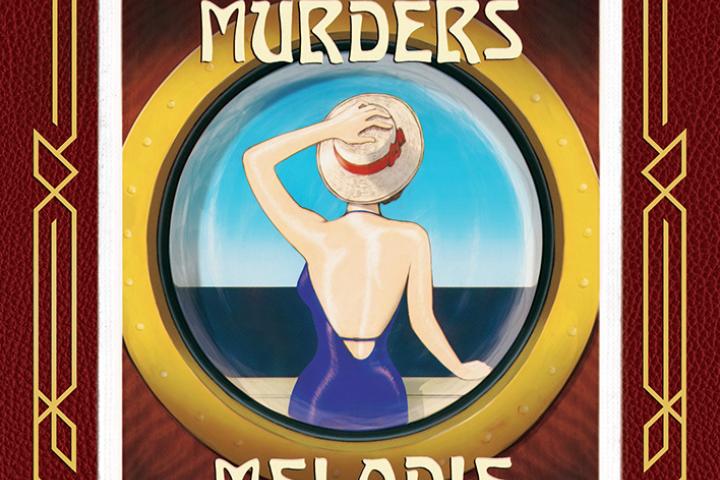 Book cover for The Silent Film Star Murders by Melodie Campbell. A woman in a blue swimsuit looks out a ship's porthole, framed by bold art deco borders.