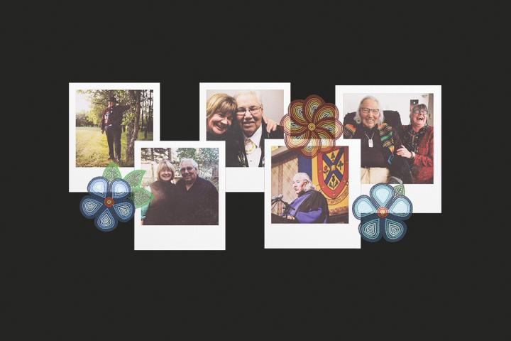 Collage of Polaroid-style photos showing Murray Sinclair with family and at public events, accented with colourful floral beadwork designs against a dark background.