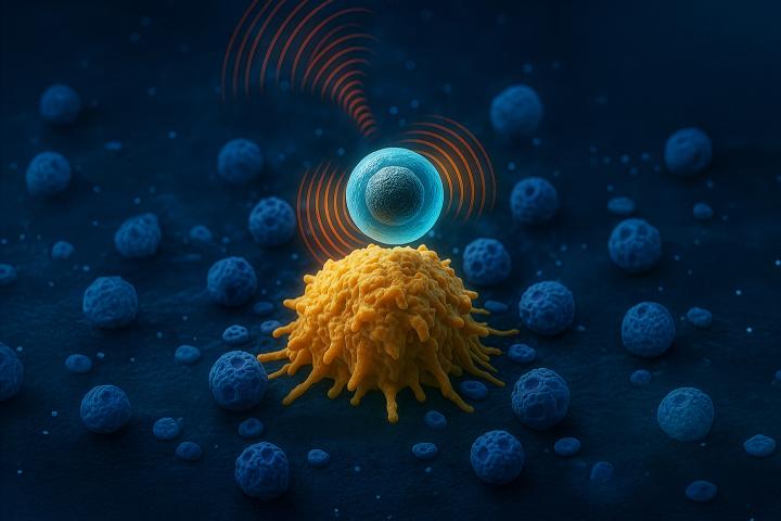 Illustration of a blue microbubble emitting concentric sound waves above a textured yellow cell, surrounded by smaller blue cells against a dark background.