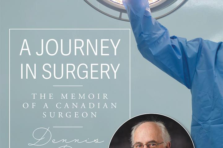 Book cover for A Journey in Surgery, featuring a surgical scene and author portrait.