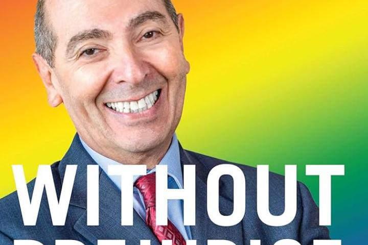 Book cover for Without Prejudice, featuring a portrait of the author against a rainbow background.