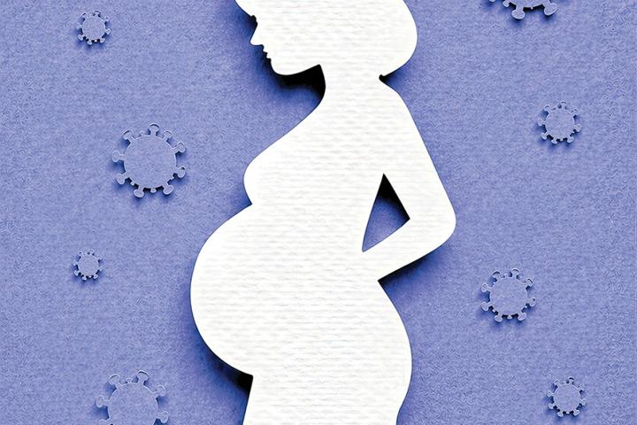 AI generated illustration of a pregnant woman’s silhouette on a blue background surrounded by virus-shaped icons.