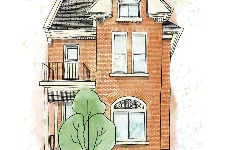 Illustrated front view of a three-storey red brick Victorian-style house with a small tree in front.