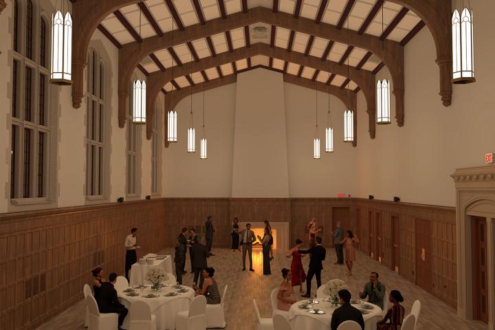 Wallace Hall with vaulted wooden ceilings, hanging lanterns, banquet tables, and guests socializing and dancing near a fireplace.