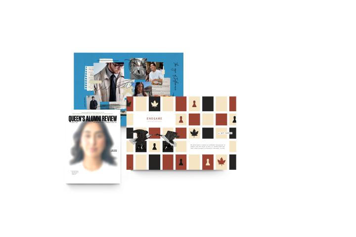 Queen’s Alumni Review magazine featuring a cover, editorial collage spread, and chess-themed feature layout on a gray background.