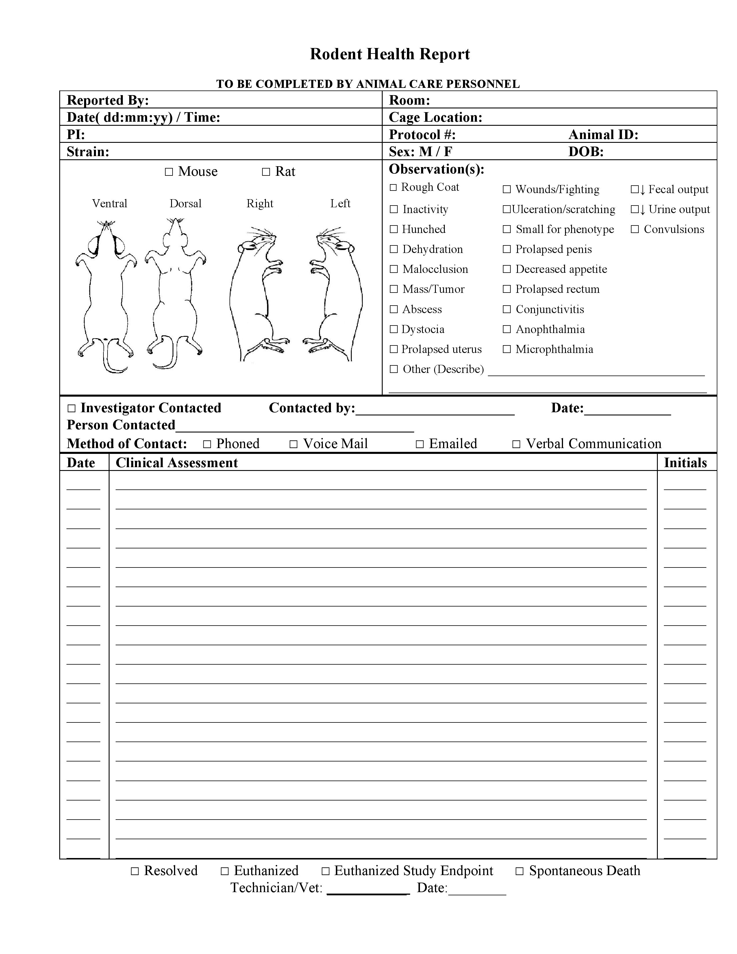 Form, Rodent Health Report