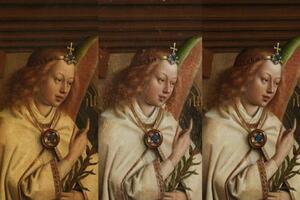 A piece of art that features the same person three times