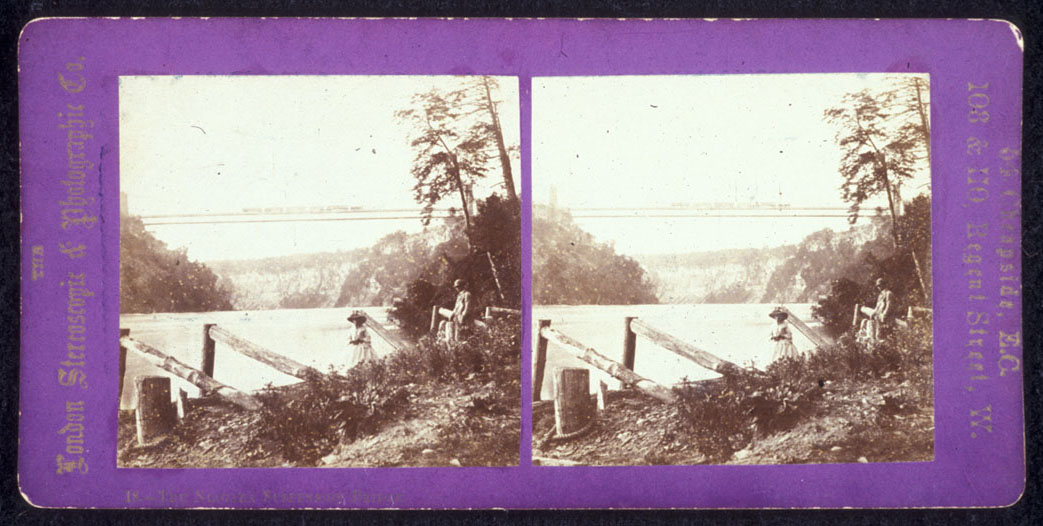 [William England], Niagara Suspension Bridge, 1859. Single (below) card-mounted stereoscopic albumen prints, Library and Archives Canada,. single PA-165997; stereoscopic PA-200389 (recto), PA-200390 (verso).