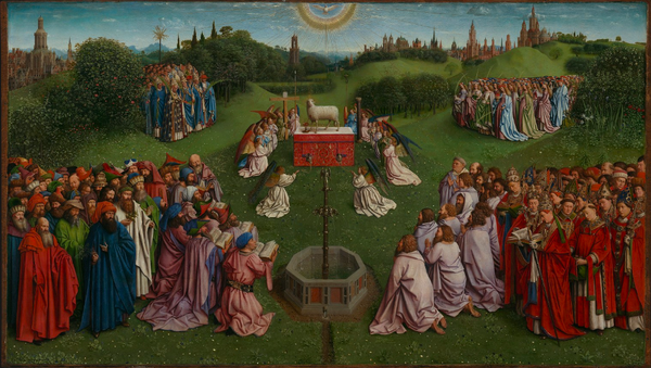 A piece of art that features a bunch of people gathered outside