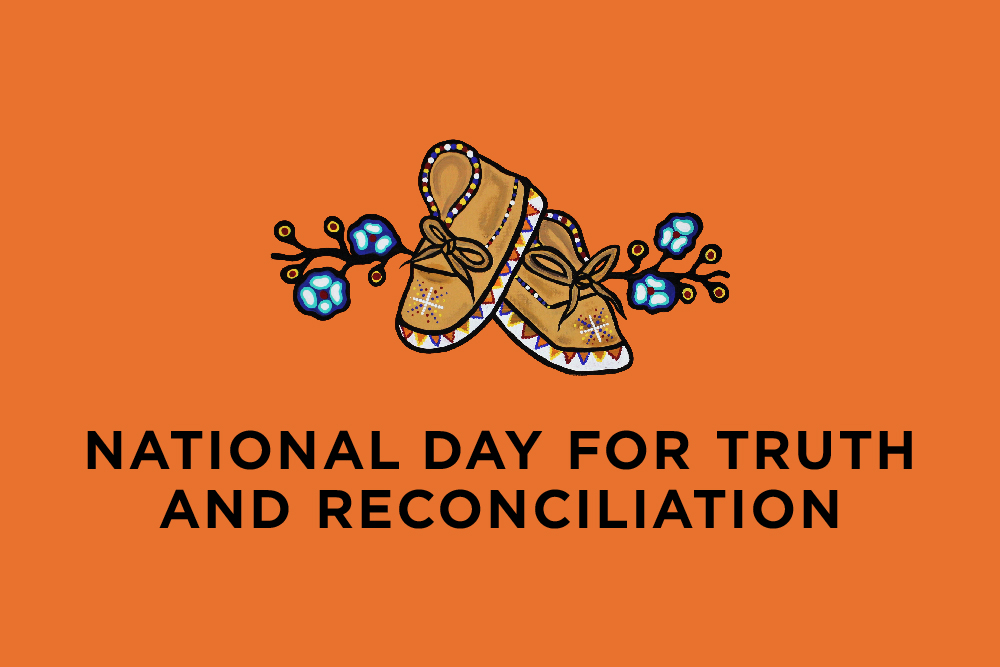 National Day for Truth and Reconciliation. Two moccasins set between woodland forget-me-not flowers on an orange background.