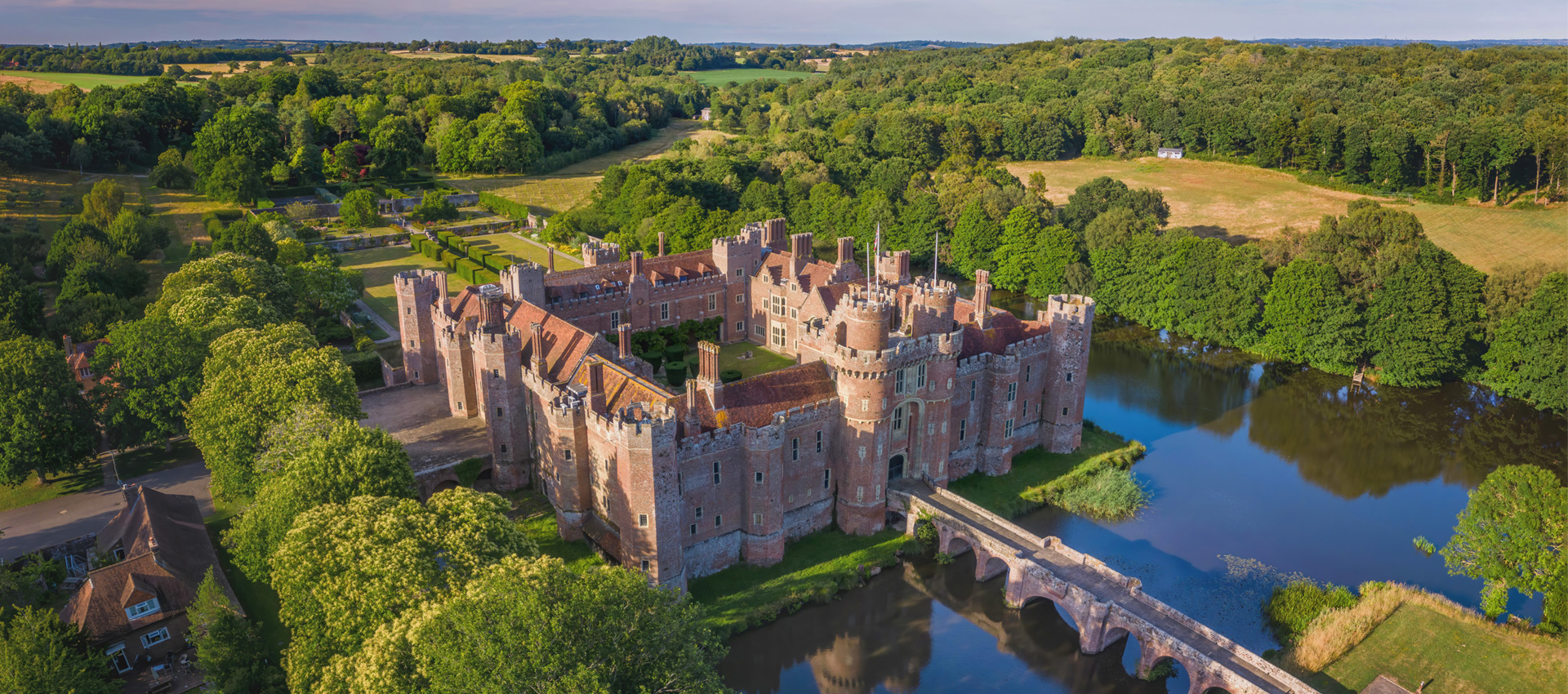 Aeriel view of Herstmonceaux Castle in England during the summer.