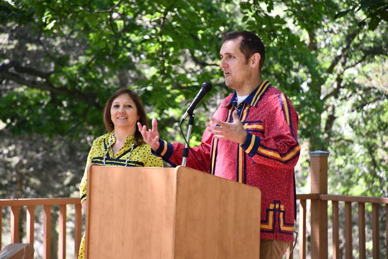 Nathan Brinklow speaking at the Mohawk Certificate Launch Event and Callie Hill beside him
