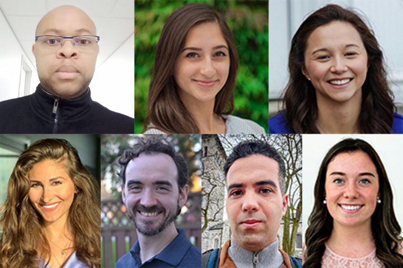Surulola Eke (Political Studies), top left, is a 2020 recipient of the Banting Post-Doctoral Fellowship. The Vanier Canada Graduate Scholarship recipients are, clockwise: Jasmine Khan (Neuroscience); Erin Lee (Mechanical and Materials Engineering); Cailie McGuire (Kinesiology and Health Studies); Rogney Piedra Arencibia (Philosophy); Thomas Sears (Electrical and Computer Engineering) and Mona Kanso (Chemical Engineering).