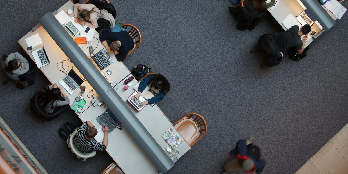 Students sitting at a table studying in the library
