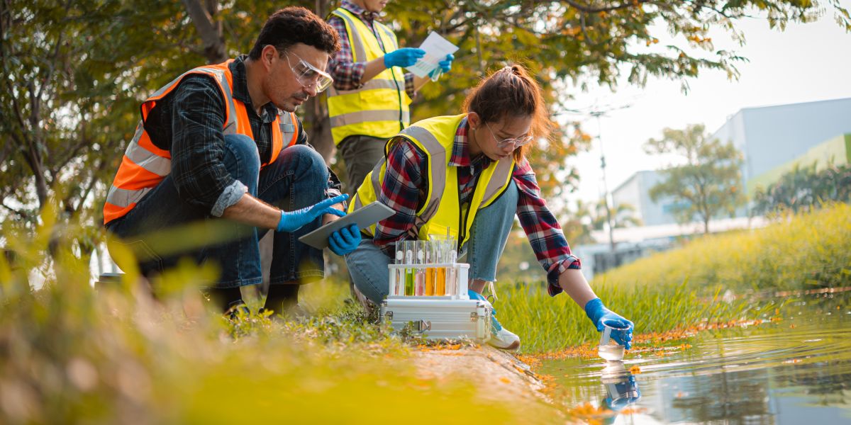 Scientists team collect water samples for analysis and research on water quality