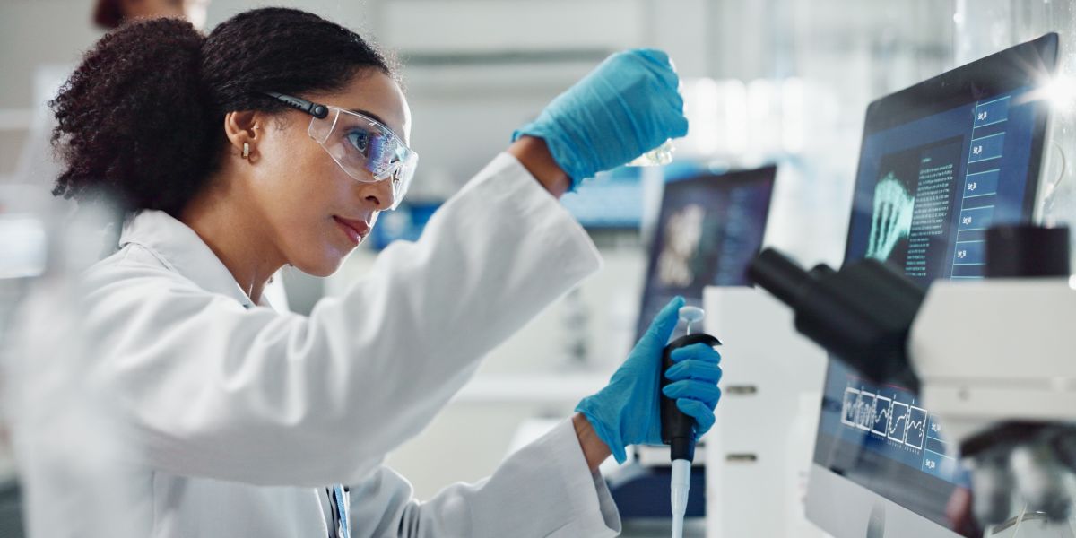 Glass vial, pipette and woman scientist in laboratory for medical study