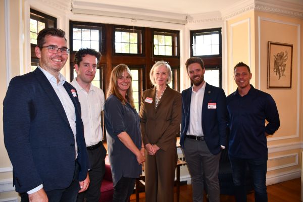 Dean Barbara Crow poses with award winners (l to r) Jeremy Stewart, Neven Lochhead, Rebecca Hall, Maxwell Hartt, and Sam McKegney.