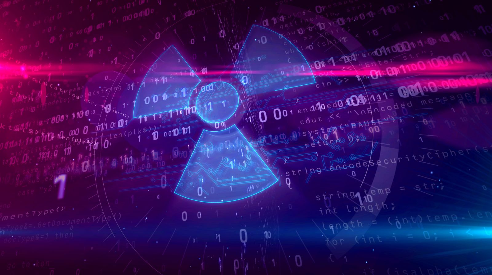 Cyber war with nuclear symbol hologram