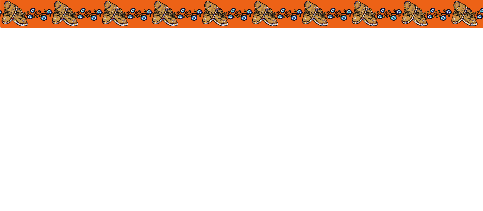 White background with an orange border on top with pairs of moccasins across the top.