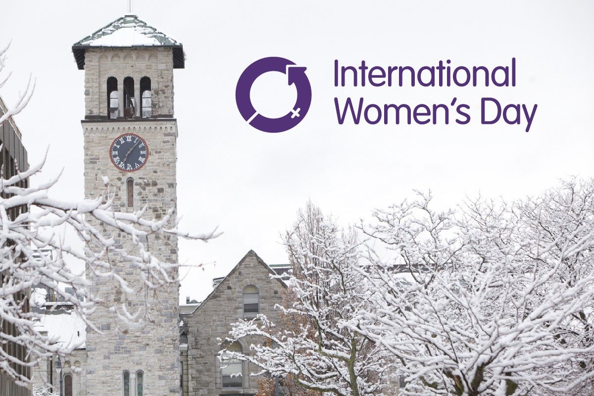 Queen's University in winter with the International Women's Day logo
