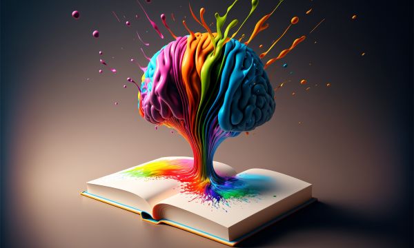 3d render book and colorful brain splash