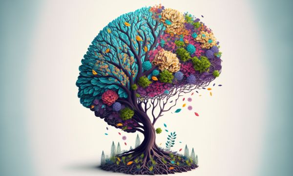 Human brain tree with flowers self care and mental health concept